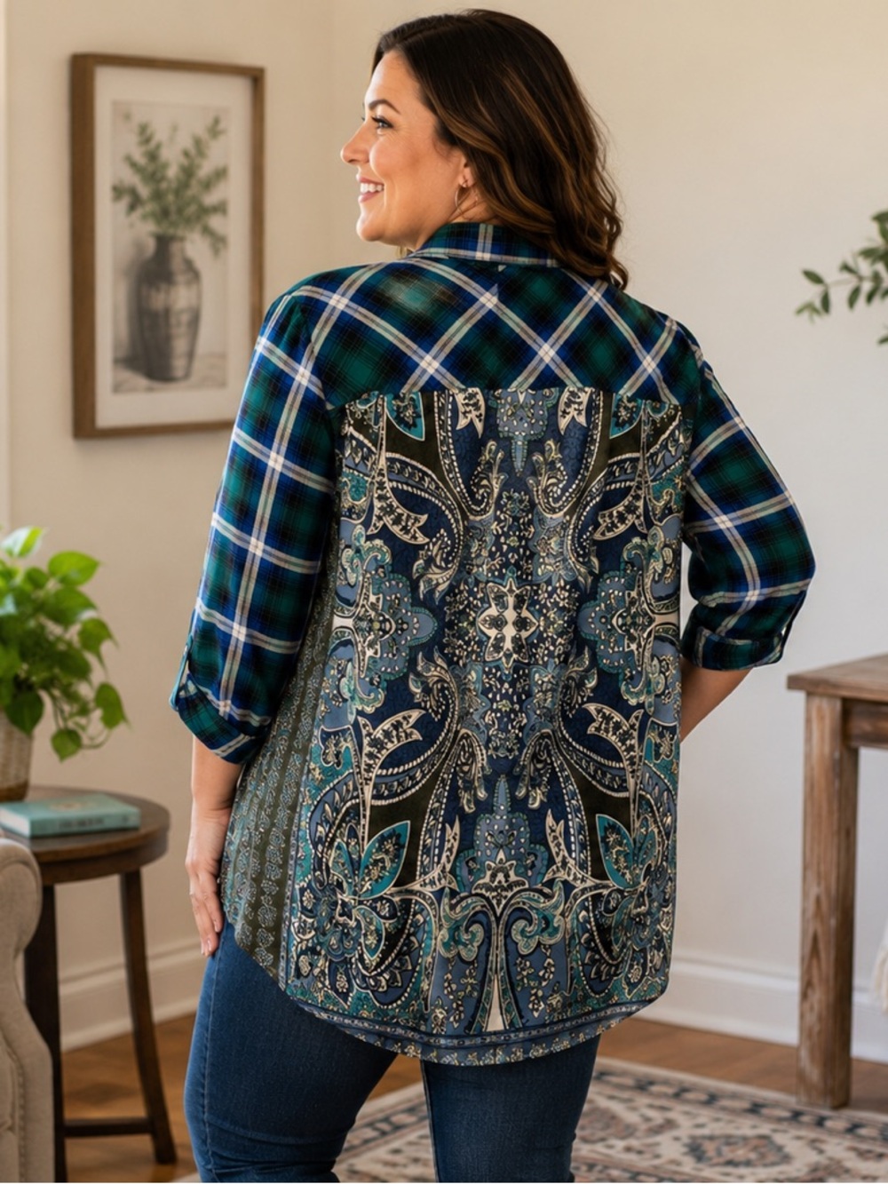 Avenue Plus Size 18/20 Plaid Shirt Paisley Back Button Up Roll Tab Sleeve Top